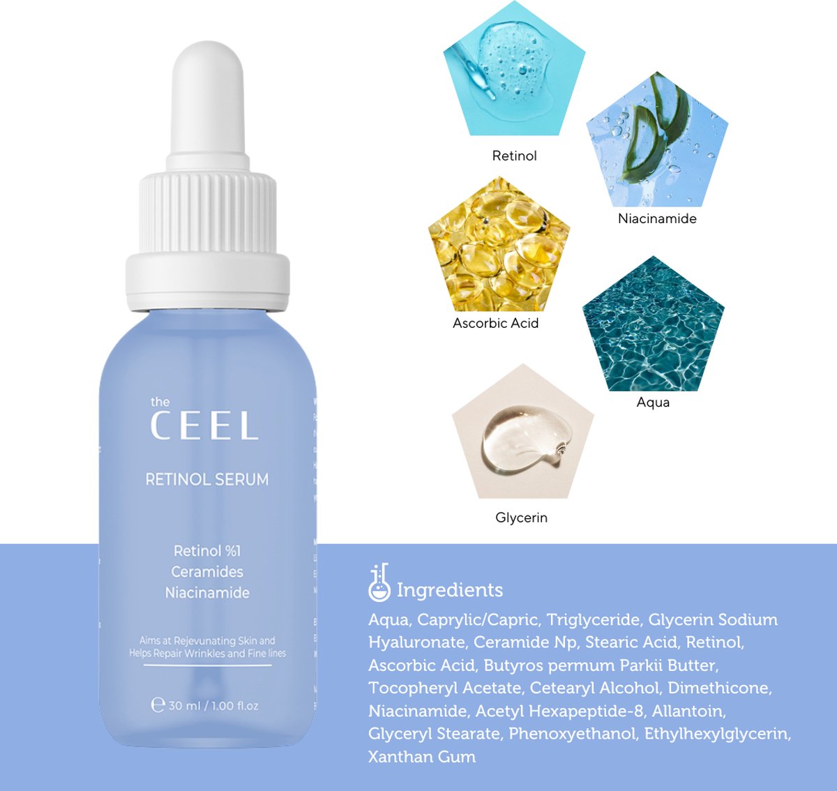 Ceel Natural Retinol Serum-30ml - Anti Wrinkle & Anti Aging With Retinol 1%, Ceramides and Niacinamide